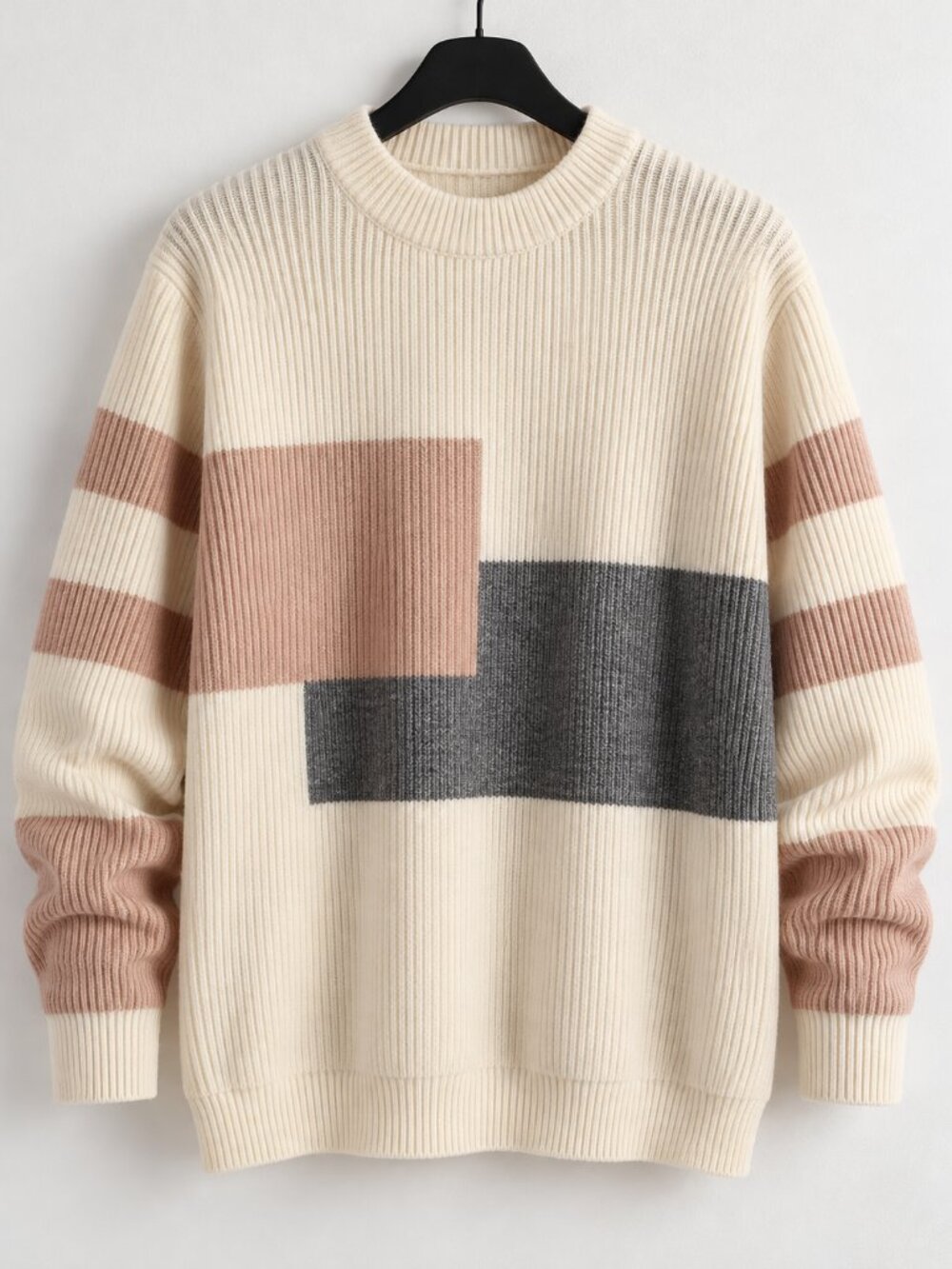 Men’s Colorblock Ribbed Knit Sweater Cream Blush Charcoal L NWOT